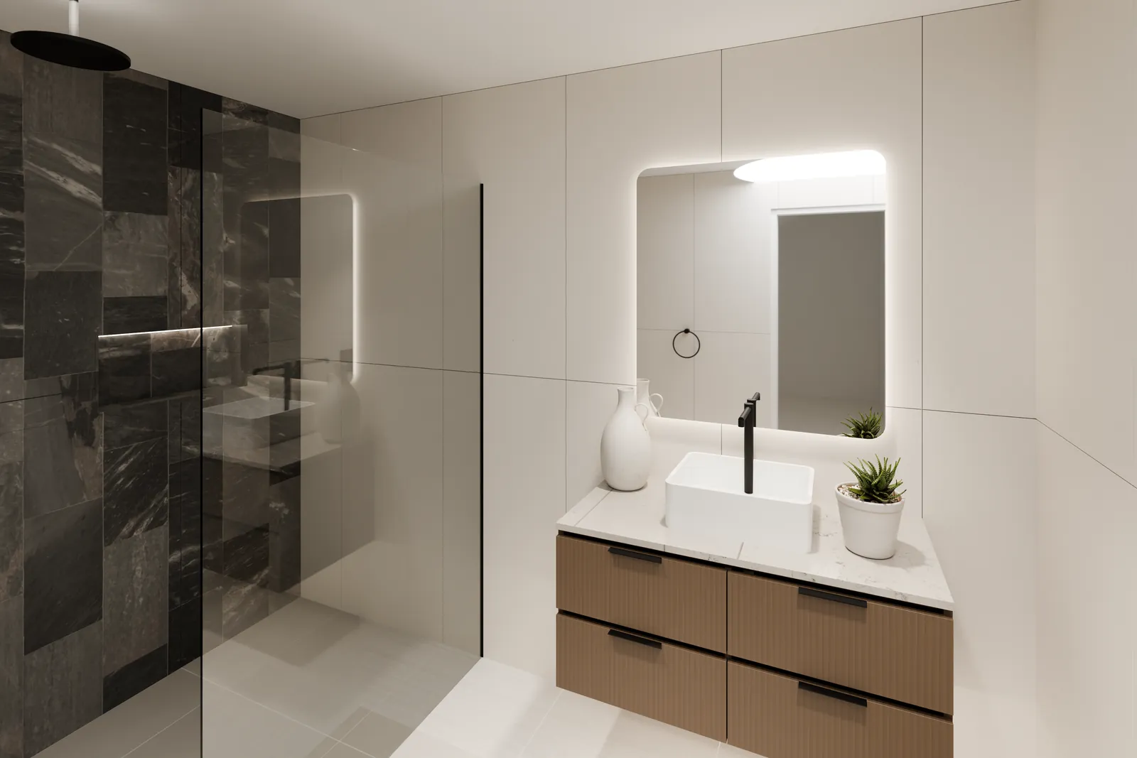 A rendered master bathroom: a dark stone feature wall with a lit niche behind a glass screen, a fluted oak vanity, a white vessel basin and a lit mirror
