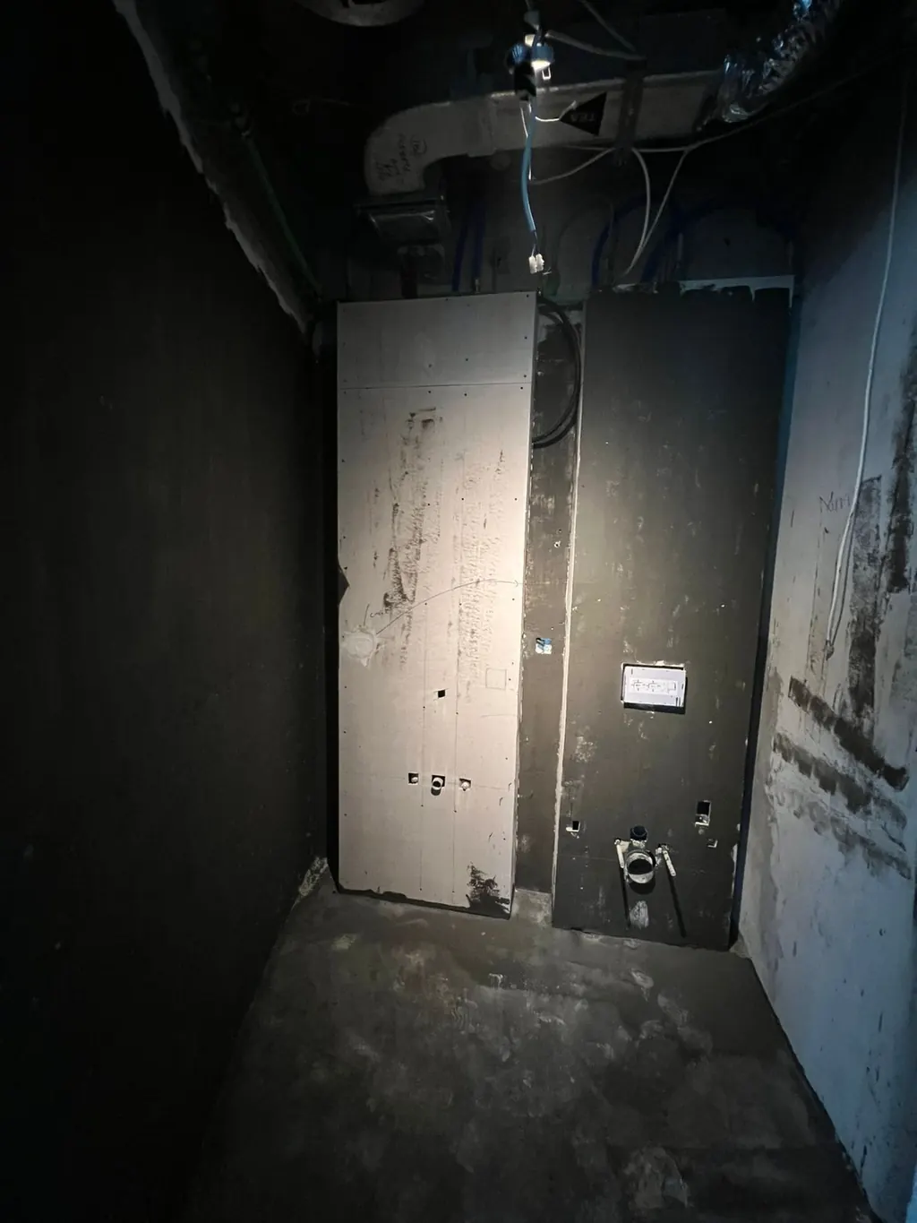 The powder room stripped back to its walls: the WC frame and flush plate set, waterproofing on the walls and floor, ducts overhead