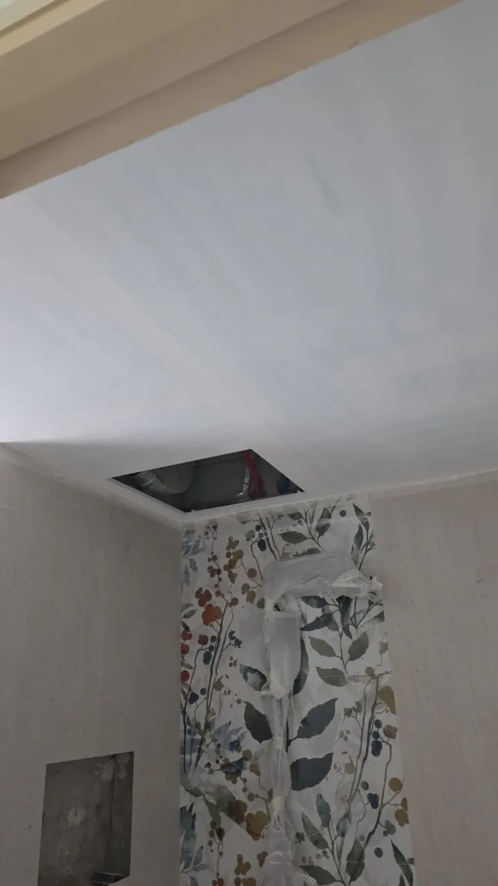 Botanical-pattern feature tile going up on the shower wall, ceiling still open